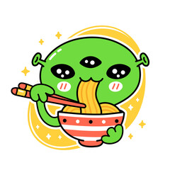 Cute funny eat noodles from bowl. Vector hand drawn cartoon kawaii character illustration icon. Isolated on white background. Asian food, japanese,korean noodle mascot cartoon character concept