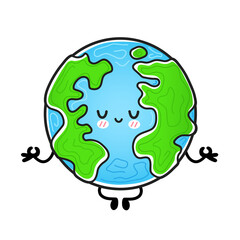 Cute funny happy Earth planet meditate in yoga pose. Vector hand drawn cartoon kawaii character illustration icon. Isolated on white background. Earth planet, ecology, eco mascot character concept