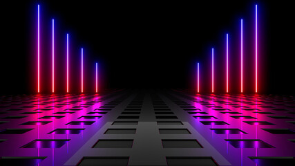Sci Fy neon lamps in a dark corridor. Reflections on the floor and walls. 3d rendering image.