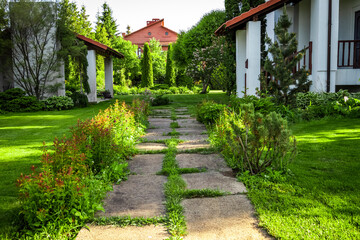 Backyard design elements of a beautiful private house.