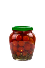 Glass jar of canned cherry tomatoes on white background