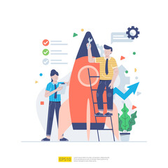 Startup employees teamwork. men and women scenes with spaceship for launching new business. illustration concept of development, brainstorming, innovation, marketing strategy and grow the idea