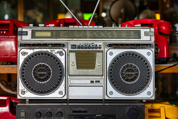 Front view of vintage radio cassette recorder, Boom Box cassette tape player