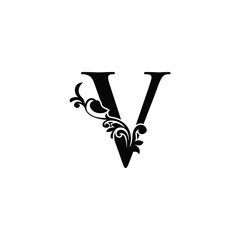 Letter V Logo Icon Template. Black and white vector design swirl ornate elegant decorative style.