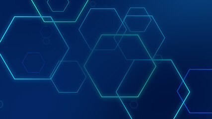 Obraz premium Hexagon geometric blue neon lights technology Hi-tech dark background. Abstract graphic digital future science concept design.