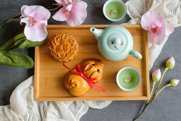 Fototapeta na wymiar Traditional Chinese mooncakes eaten during Mid-Autumn Festival / Round and Animated Shape Mooncakes / The Chinese characters represent white lotus paste