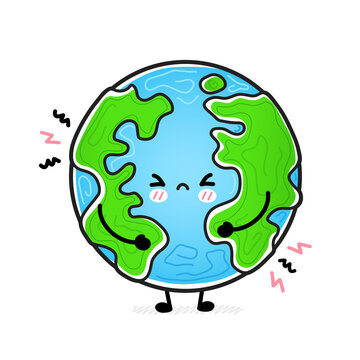 Cute funny sad Earth planet. Vector hand drawn cartoon kawaii character illustration icon. Isolated on white background. Earth planet, ecology, eco mascot character concept