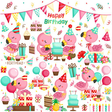 A Vector Set of Flamingo Birthday Celebration with Lots of Presents