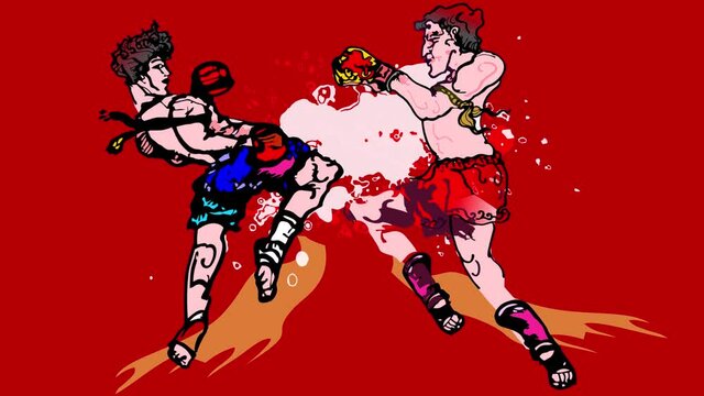  Footage  of Muay Thai fighting on red background
 and blood splash.
