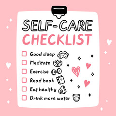 Cute funny self-care to do list, checklist. Vector hand drawn cartoon kawaii character illustration icon. Self-care checklist sticker, card, poster concept - obrazy, fototapety, plakaty