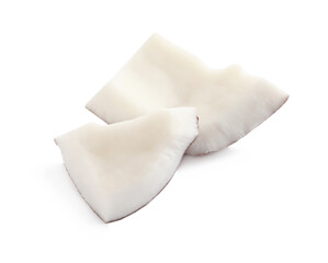 Pieces of ripe coconut on white background