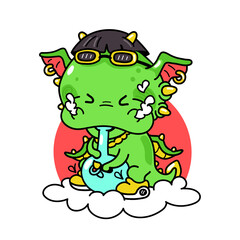 Cute funny dragon smoke weed with bong. Vector hand drawn cartoon kawaii character illustration . Isolated on white background. Dragon smoke marijuana, cannabis, weed character t-shirt print concept