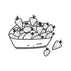 Hand drawn stylized vector illustration of red strawberries in a bowl. Cartoon abstract doodle style isolated on white background.