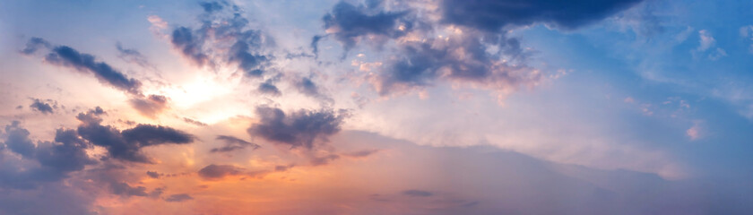 Dramatic panorama sky with cloud on sunrise and sunset time. Panoramic image.