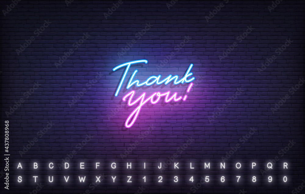 Wall mural thank you neon template. glowing neon lettering thank you sign