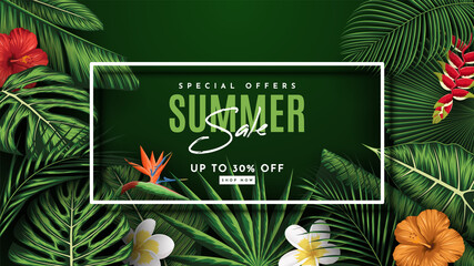 Summer Sale Banner With Tropical Leaves Background. Vector Illustration