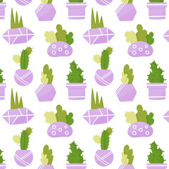 Seamless pattern of house plants in color pots