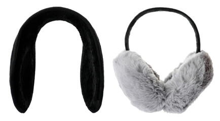 Stylish warm earmuffs on white background, collage. Banner design