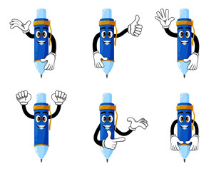 mascot pen character standing and doing different actions waving with cheerful expression isolated