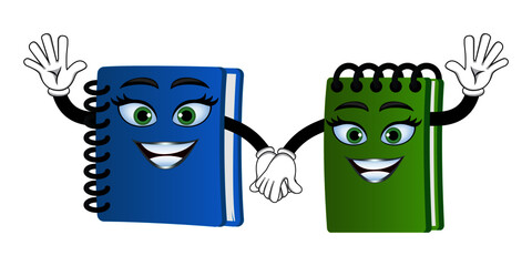 Mascot notepad characters standing and holding hands together and waving