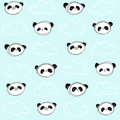Cute blue pattern with line doodle panda with clouds. Seamless background. Textiles for children. Minimalism paper scrapbook for kids. 
