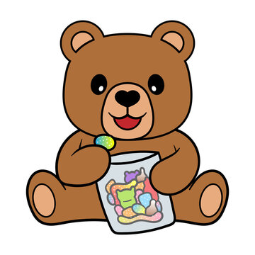 Cartoon Teddy Bear Eating a Bag of Sweets Vector Illustration