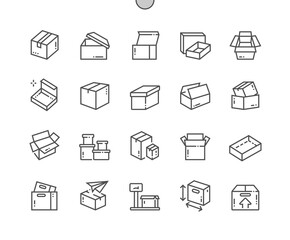 Carton box. Open box. Weight, size, send box. Packaging, transportation, merchandise, corrugated and delivery. Pixel Perfect Vector Thin Line Icons. Simple Minimal Pictogram