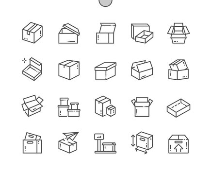 Carton box. Open box. Weight, size, send box. Packaging, transportation, merchandise, corrugated and delivery. Pixel Perfect Vector Thin Line Icons. Simple Minimal Pictogram
