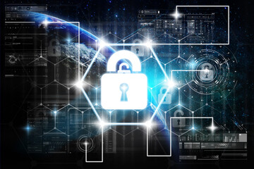 Security key lock icon digital display over Technology digital virtual screen with the Network connection on Part of earth over the Milky Way background, Elements of this image furnished by NASA