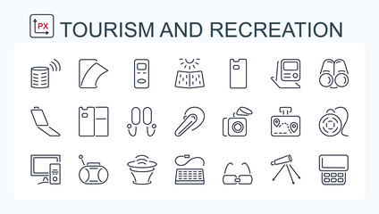 A set of vector illustrations, icons of electronic devices from a thin line. Computer, navigator, binoculars, telescope, and computer electronics.