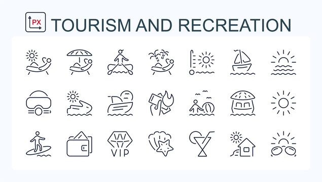 A set of vector icons made of thin line for travel and leisure. Wildlife and tourism.