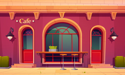 City cafe, coffee house exterior with outdoor bar counter and high chairs front of arched window. Cafeteria facade, building ground floor with wide glasses, vintage design, Cartoon vector illustration