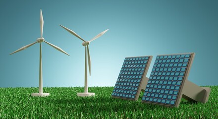 Alternative Energy with solar panels and wind turbine.3d rendering