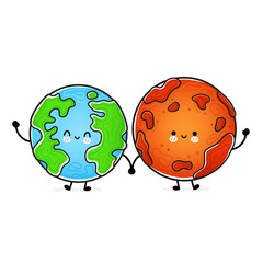 Cute funny happy Mars and Earth planet. Vector hand drawn cartoon kawaii character illustration icon. Isolated on white background. Space exploration, Mars and Earth planet character concept