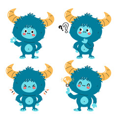 Cute funny yeti monster character set. Vector hand drawn cartoon kawaii character illustration icon. Isolated on white background. Yeti, Bigfoot baby cartoon character bundle collection concept - obrazy, fototapety, plakaty