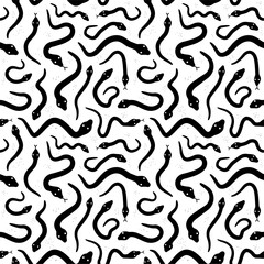 White snakes on black background seamless pattern. Vector hand drawn grunge style illustration icon. Different snakes seamless pattern