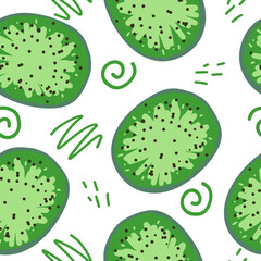 kiwi and doodles vector seamless pattern. hand drawn. illustration for wallpaper, wrapping paper, textile, background. green fresh juicy summer fruit.