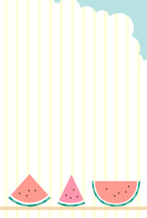 青空とストライプの雲に並ぶスイカのイラストポストカード