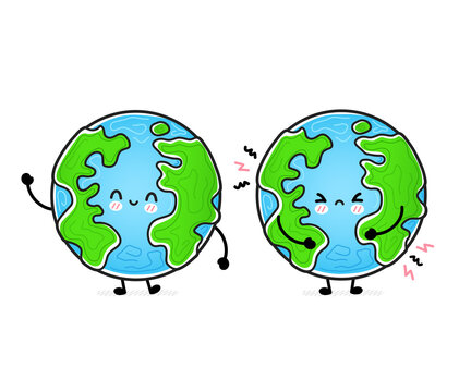 Cute funny happy and sad Earth planet. Vector hand drawn cartoon kawaii character illustration icon. Isolated on white background. Earth planet, ecology, eco mascot character concept