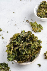 Homemade Organic Green Kale Chips with salt and oil. Super food, kale leaves