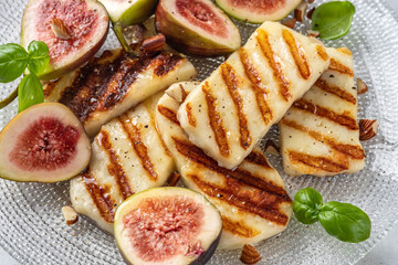 Grilled Halloumi Cheese, fresh figs fruit, almonds and honey