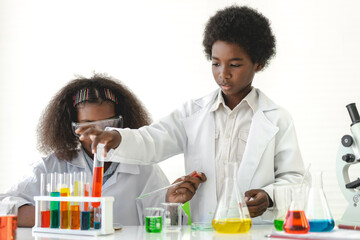 Two african american cute little boy and girl student child learning research and doing a chemical experiment while making analyzing and mixing liquid in test tube at science class in school