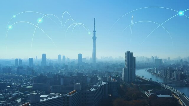 東京の空撮とネットワークイメージ