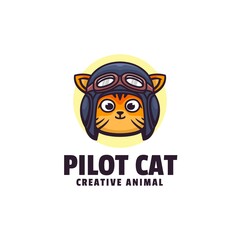 Vector Logo Illustration Pilot Cat Simple Mascot Style.