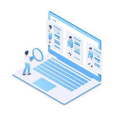 The HR manager is reviewing the resume online. The concept of recruiting, searching for candidates for positions. Vector illustration in isometric style. Isolated on white background.