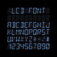 Realistic glowing fourteen segment font with letters and numbers for lcd displays on black background. Vector illustration