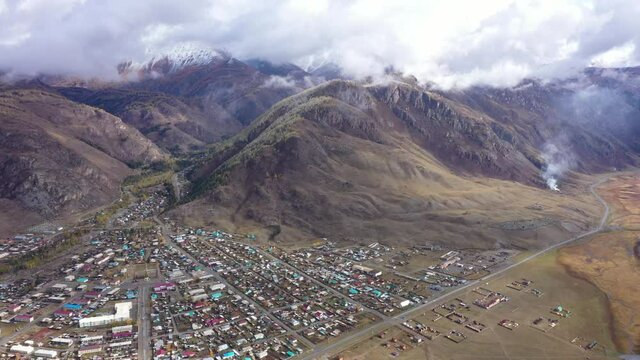 Mountain village Aktash in Altai mountains, beautiful valley drone aerial view