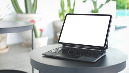 Fototapeta premium Workspace desk and laptop.Business image, Blank screen laptop and supplies.