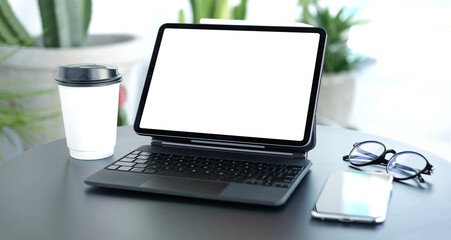 Fototapeta premium Workspace desk and laptop.Business image, Blank screen laptop and supplies.