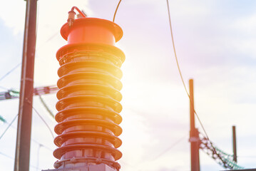 Detail of high voltage electric transformer generator power circuit breaker in a power...